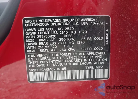 2021 Volkswagen Atlas Cross Sport 3.6L V6 Se W/Technology R-Line from USA, damaged, VIN 1V2PE2CA0MC204185